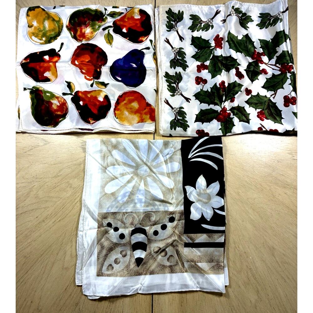 3 100% Silk Square Scarfs Colorful Fruit Pears Apples Xmas Berries Boho Talbots